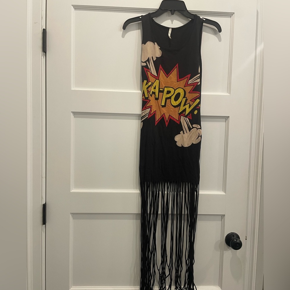 Black Fringe Dress with Comic Print